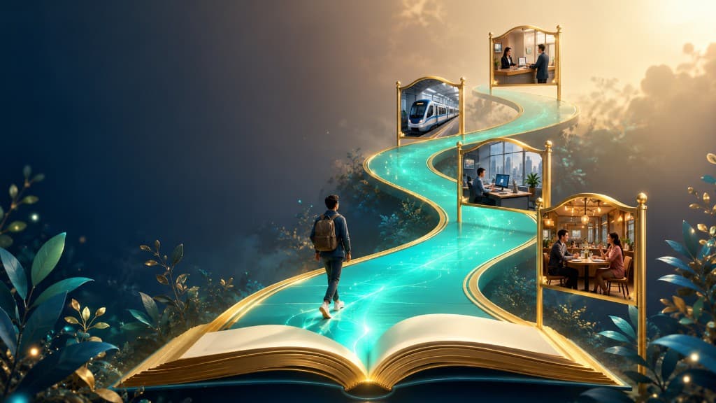 Student learning journey: an open book, glowing path, and four real-life lesson scenes
